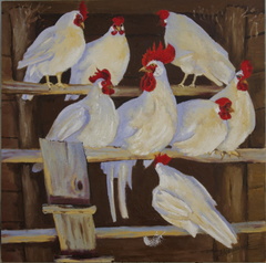 Poules blanches peinture huile sur bois