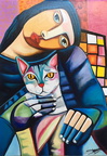  Femme et chat d'ap. Jader Cysneiros huile sur lin - 70 x 50