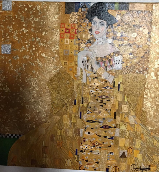 Le portrait d'Adèle Bloch-Bauer d'ap. Klimt Huile sur lin + applications de feuilles d'or et argent 60 x 60