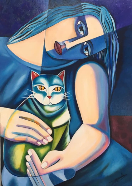BLEU -Femme et chat d'ap. Jader Cysneiros  huile sur lin - 70 x 50 