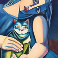 BLEU -Femme et chat d'ap. Jader Cysneiros  huile sur lin - 70 x 50 