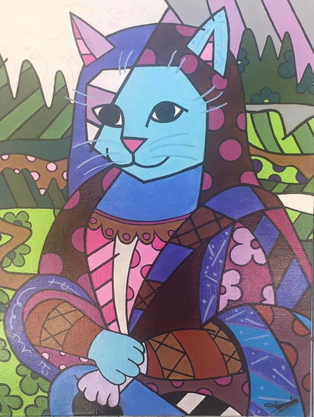  "Mona  Cat" d'ap. Romero Britto huile sur lin - 15 P (65 x 50)