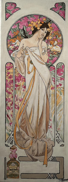 Parfum Sylvanis -D’après  une affiche publicitaire de Mucha (1899) huile sur toile de lin  - 100 x 40