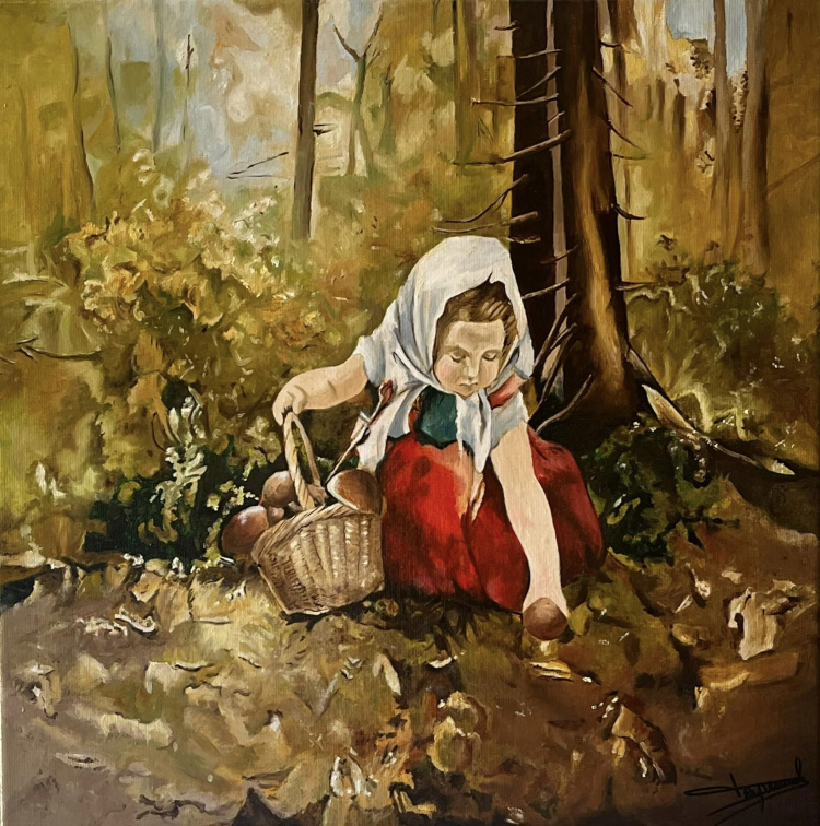  Cueillette des champignons d'ap. INESSA MOROZOVA Huile sur toile de lin 50 x 50